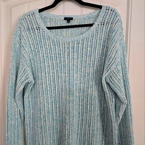 Talbots Women Sweater Medium Blue Open Knit Ribbed Long Sleeve Beachy Summer